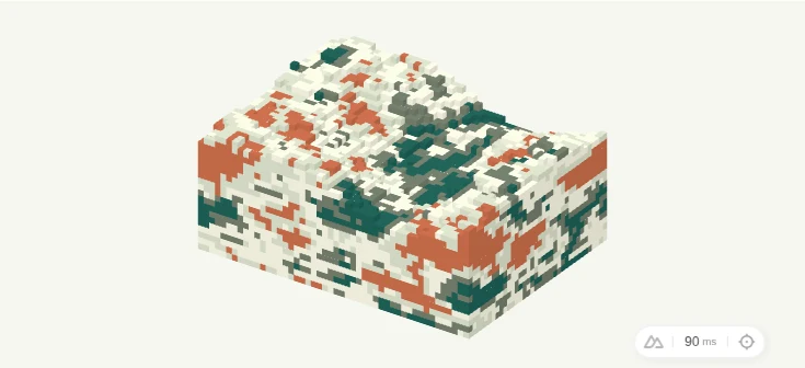 Three-dimensional voxel ground model showing spatially varying materials and an uneven surface