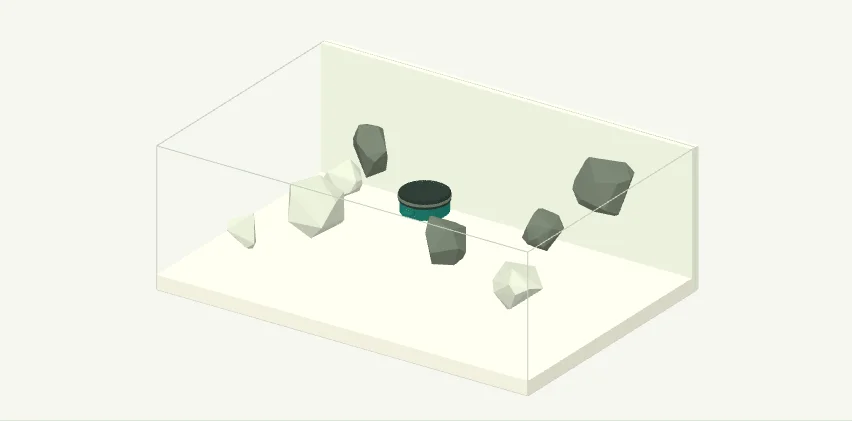 Three-dimensional PMN landmine model placed in soil among rocks